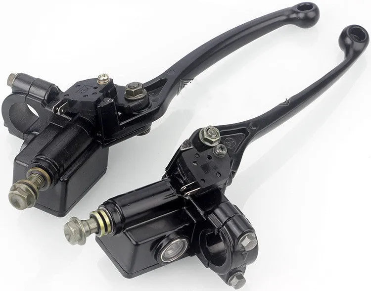 Black universal motorcycle brake card master pump with 10mm oil pipe connection, left or right hand version, single unit