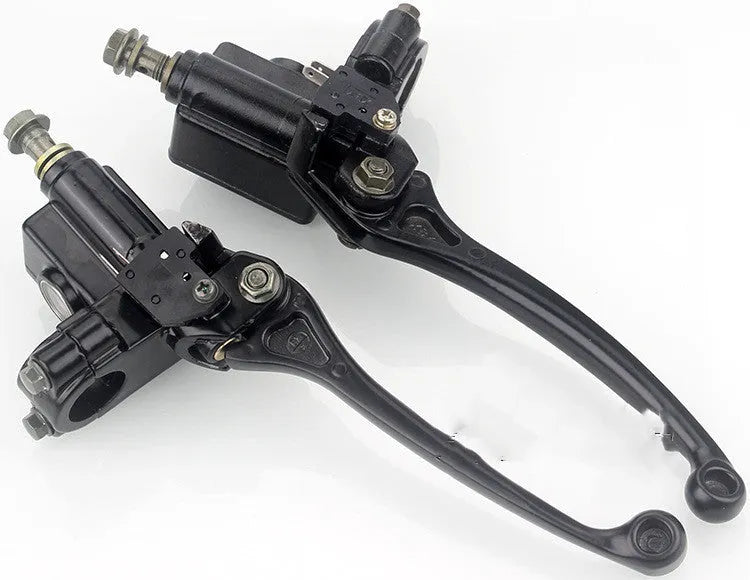 Black universal motorcycle brake card master pump with 10mm oil pipe connection, left or right hand version, single unit