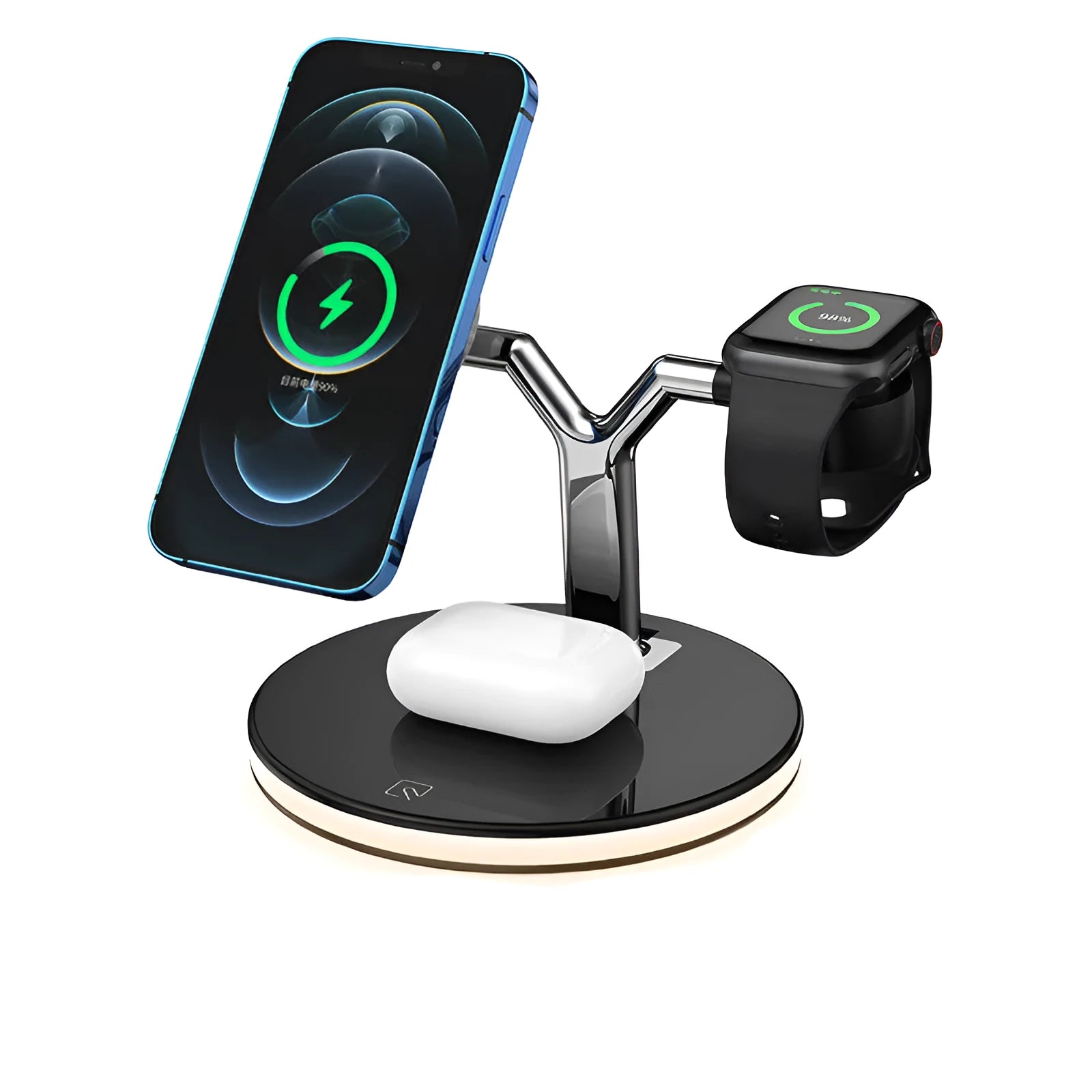 Black 15W magnetic three-in-one wireless charging station for iPhone and Samsung devices
