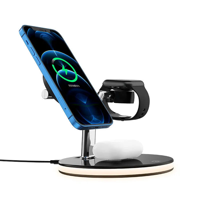Black 15W magnetic three-in-one wireless charging station for iPhone and Samsung devices