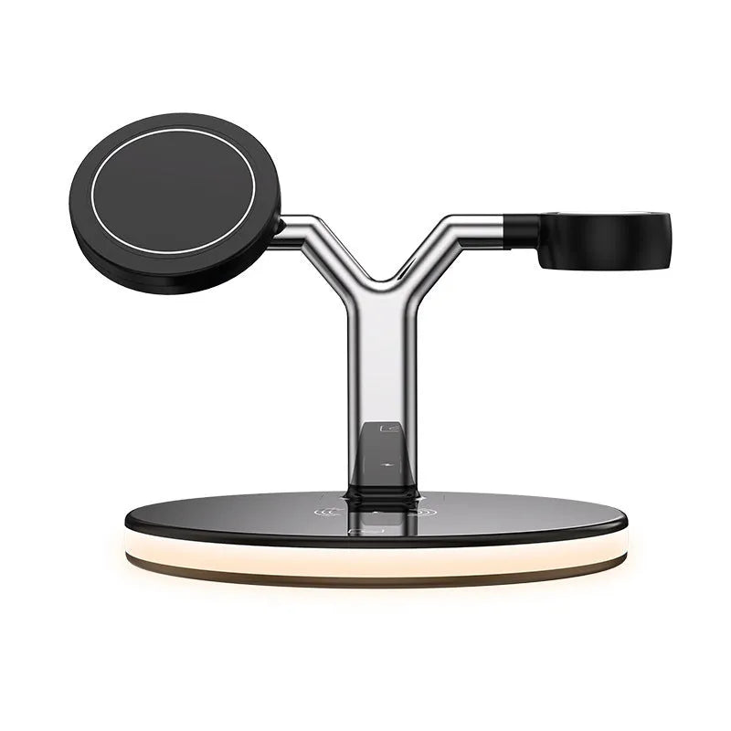 Black 15W magnetic three-in-one wireless charging station for iPhone and Samsung devices