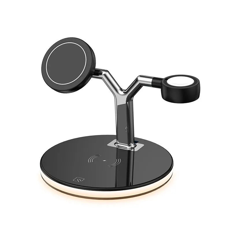 Black 15W magnetic three-in-one wireless charging station for iPhone and Samsung devices