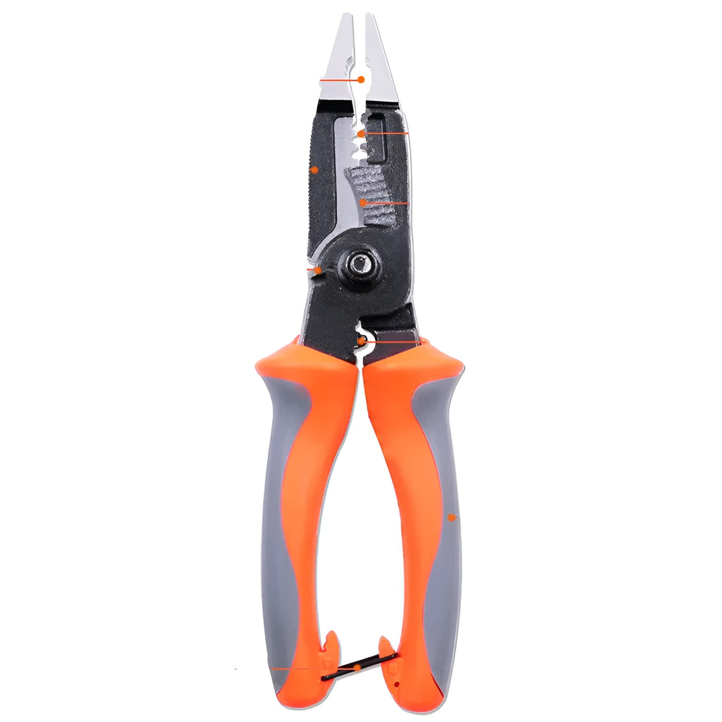 Orange 8-inch multifunctional electrician pliers with duckbill head and wire stripping holes.