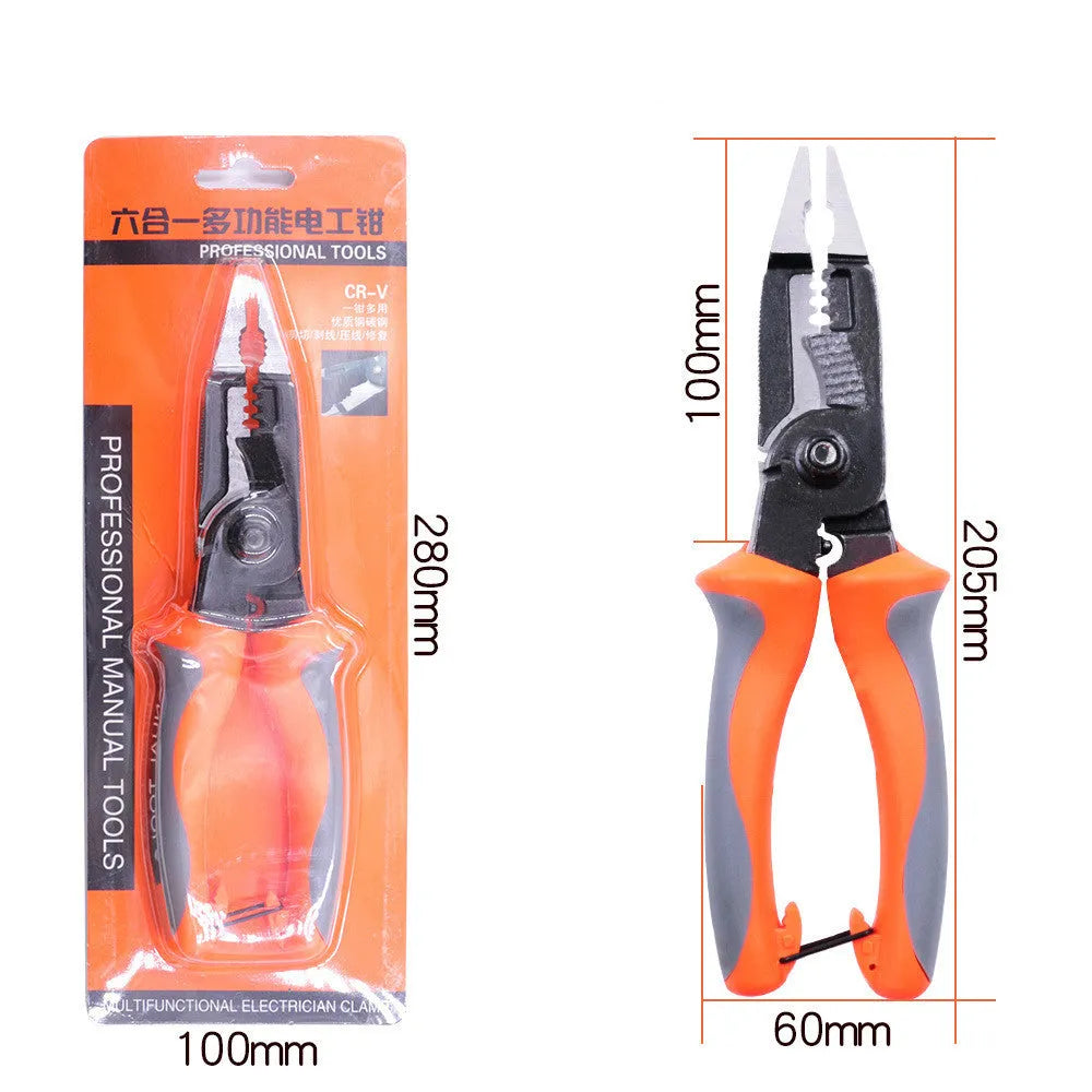 Orange 8-inch multifunctional electrician pliers with duckbill head and wire stripping holes.