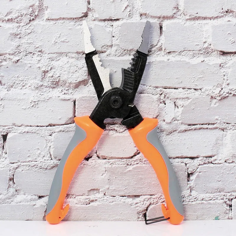 Orange 8-inch multifunctional electrician pliers with duckbill head and wire stripping holes.