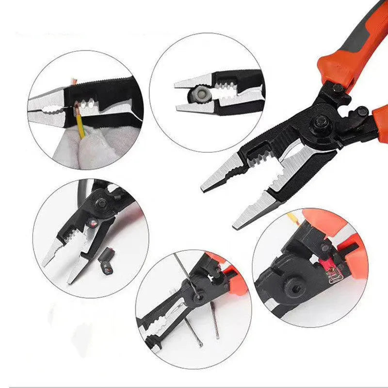 Orange 8-inch multifunctional electrician pliers with duckbill head and wire stripping holes.