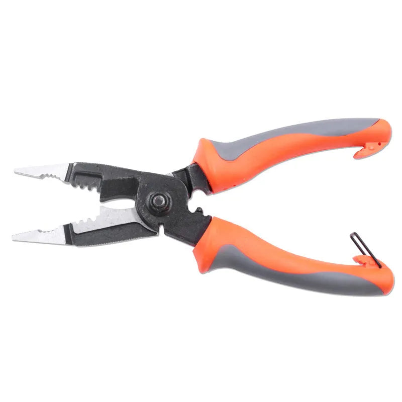 Orange 8-inch multifunctional electrician pliers with duckbill head and wire stripping holes.
