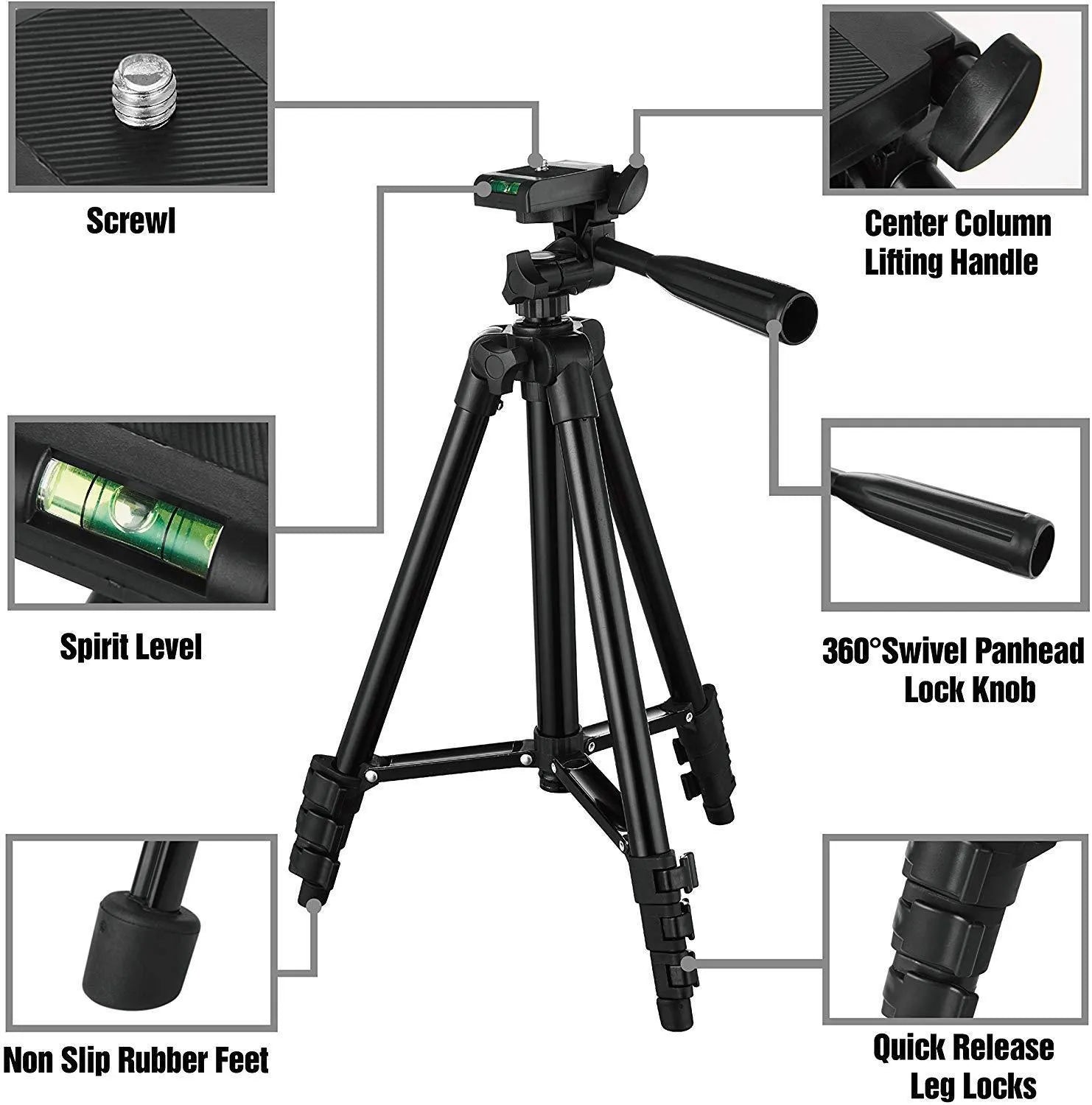 Black aluminium alloy camera tripod with 3D head extended to 102cm height, showing quick-release plate