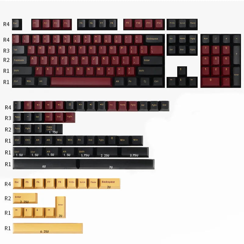 Set of PBT two-colour moulded mechanical keyboard keycaps in various colour schemes including blue, purple, red, black, and dolch.