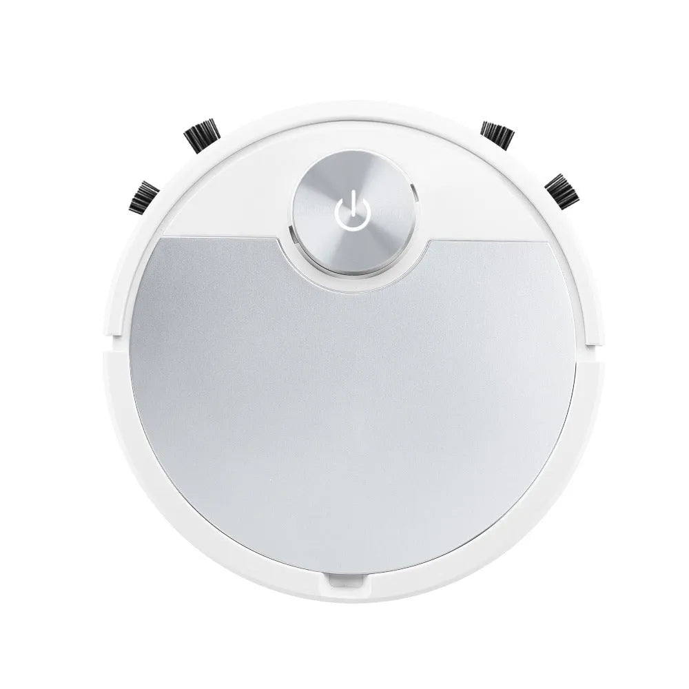 Golden and silver robotic vacuum cleaner with remote control on a hardwood floor.