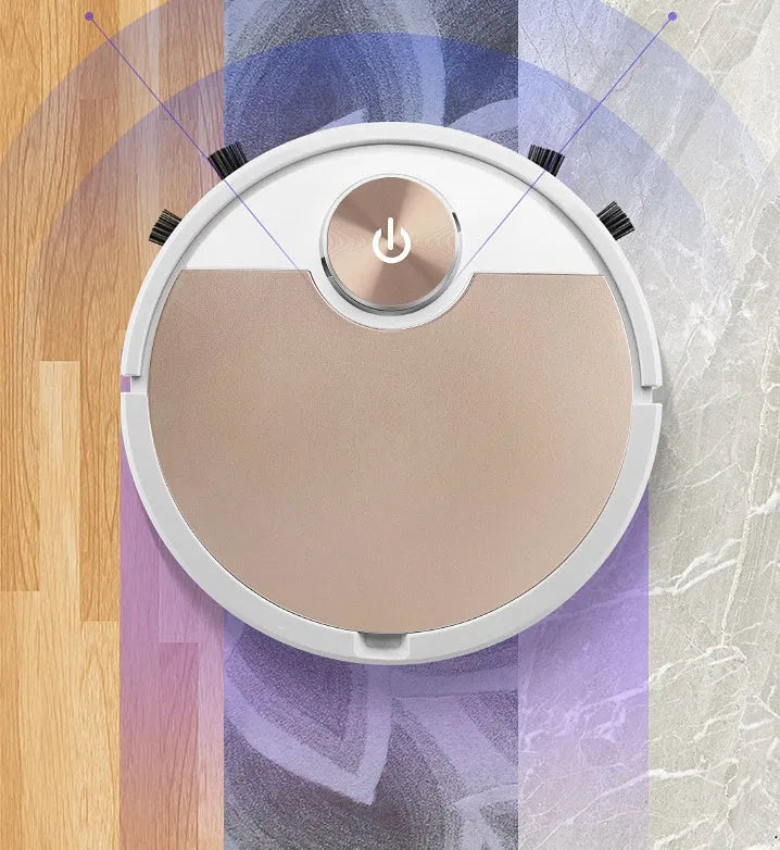 Golden and silver robotic vacuum cleaner with remote control on a hardwood floor.