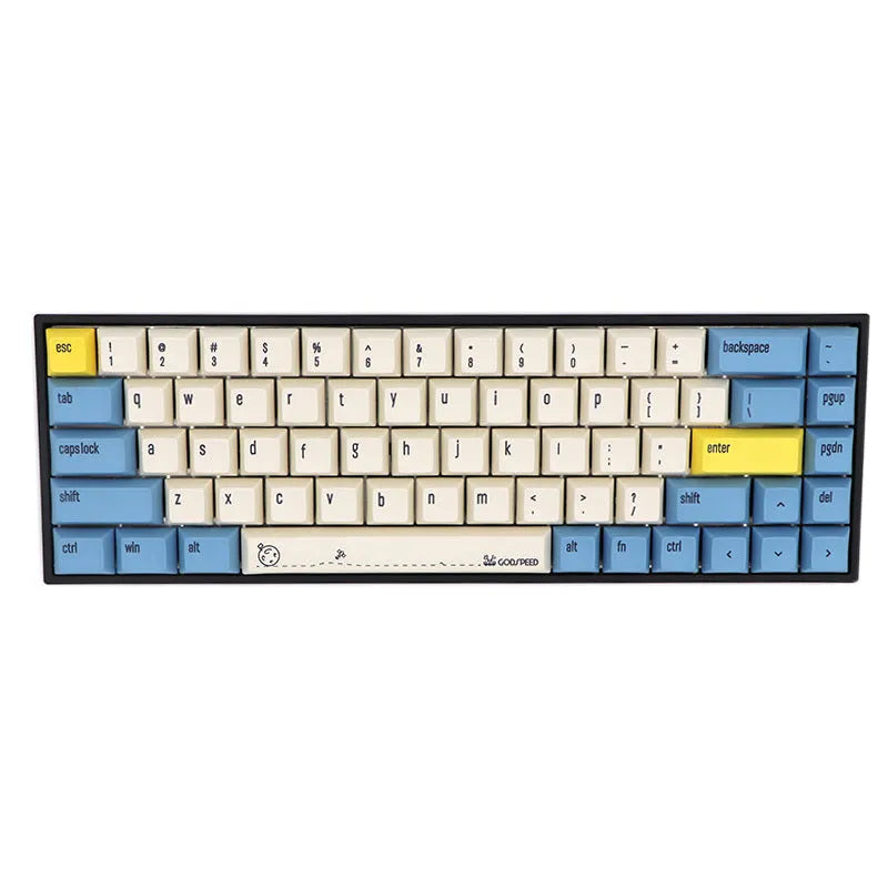 68-key PBT mechanical keyboard keycap set showing nine colour options and double-shot legend construction