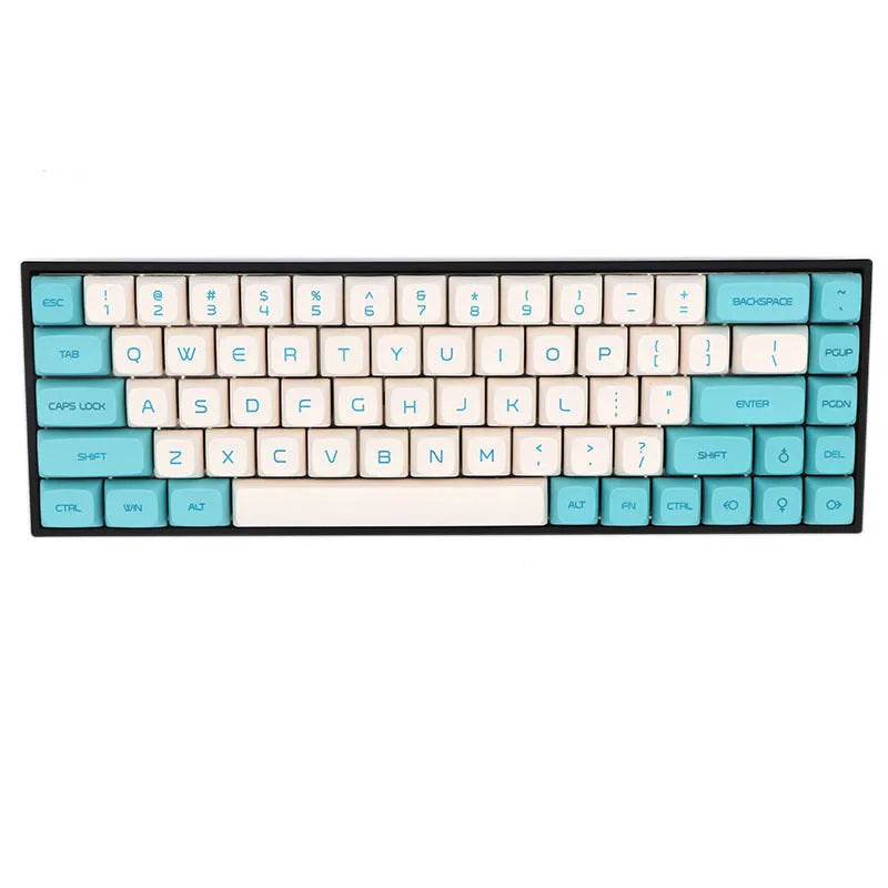 68-key PBT mechanical keyboard keycap set showing nine colour options and double-shot legend construction