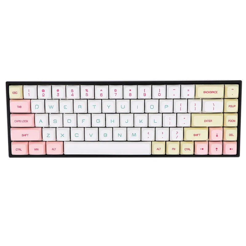 68-key PBT mechanical keyboard keycap set showing nine colour options and double-shot legend construction