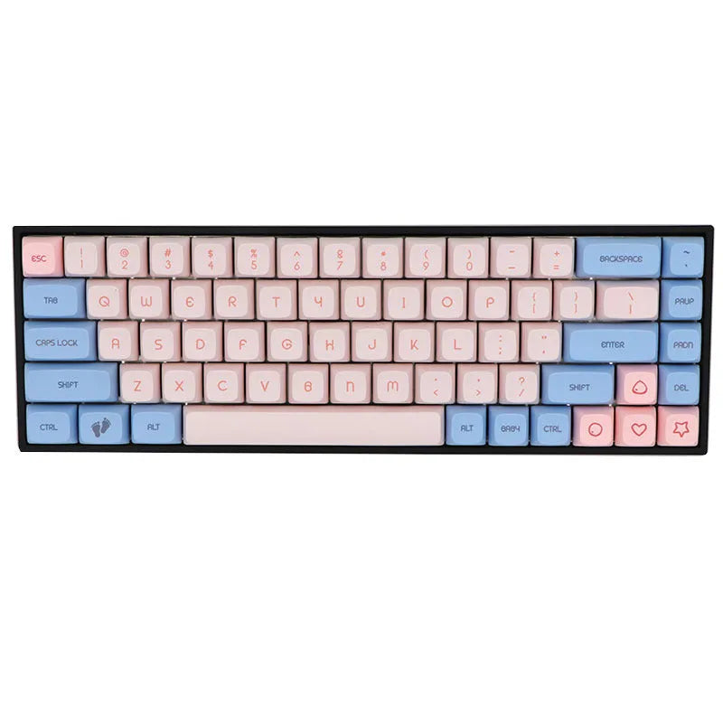 68-key PBT mechanical keyboard keycap set showing nine colour options and double-shot legend construction