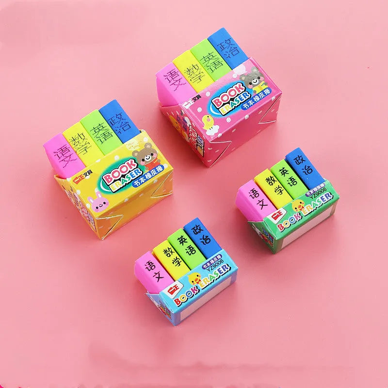 Cartoon book eraser sets for kindergarten prizes and student gifts in four-piece packs