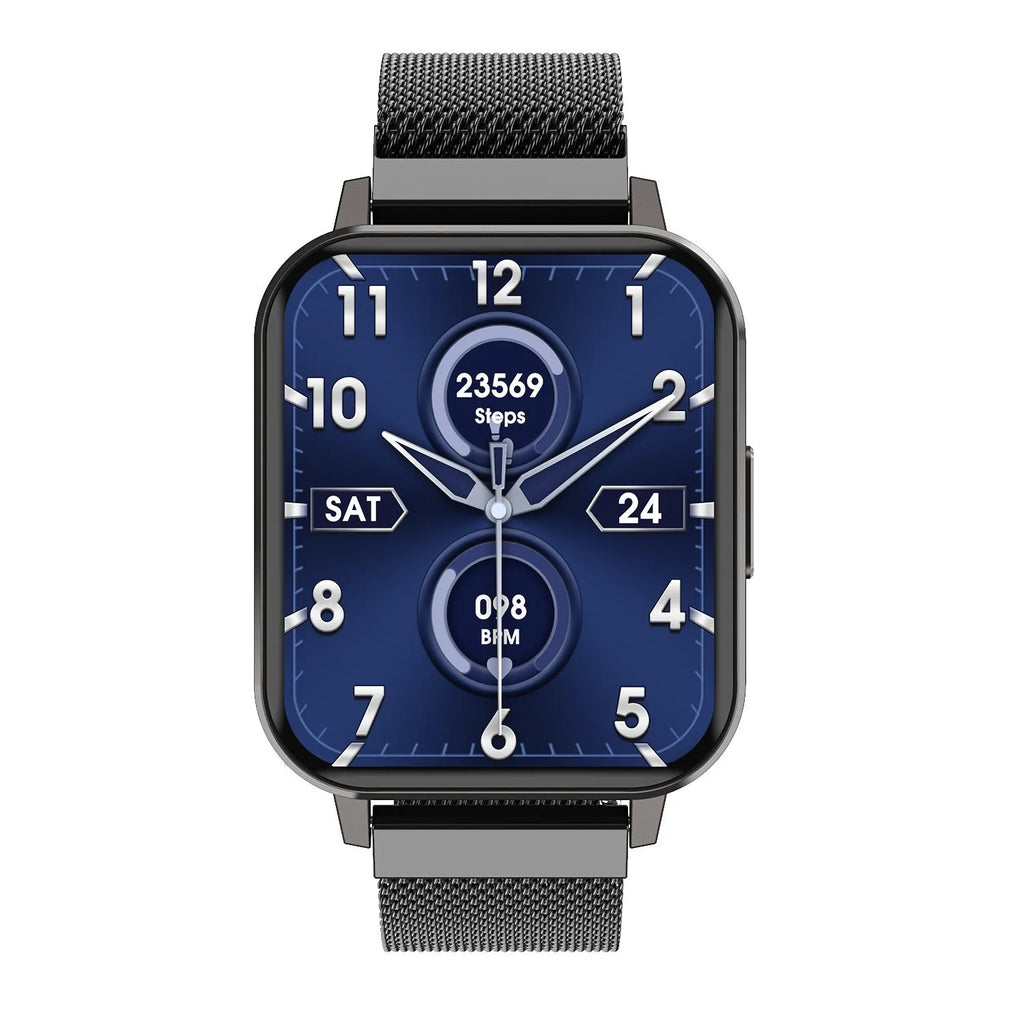DTX Smart Watch with 1.78 inch screen showing health metrics, available with black or silver silicone or steel wristband.