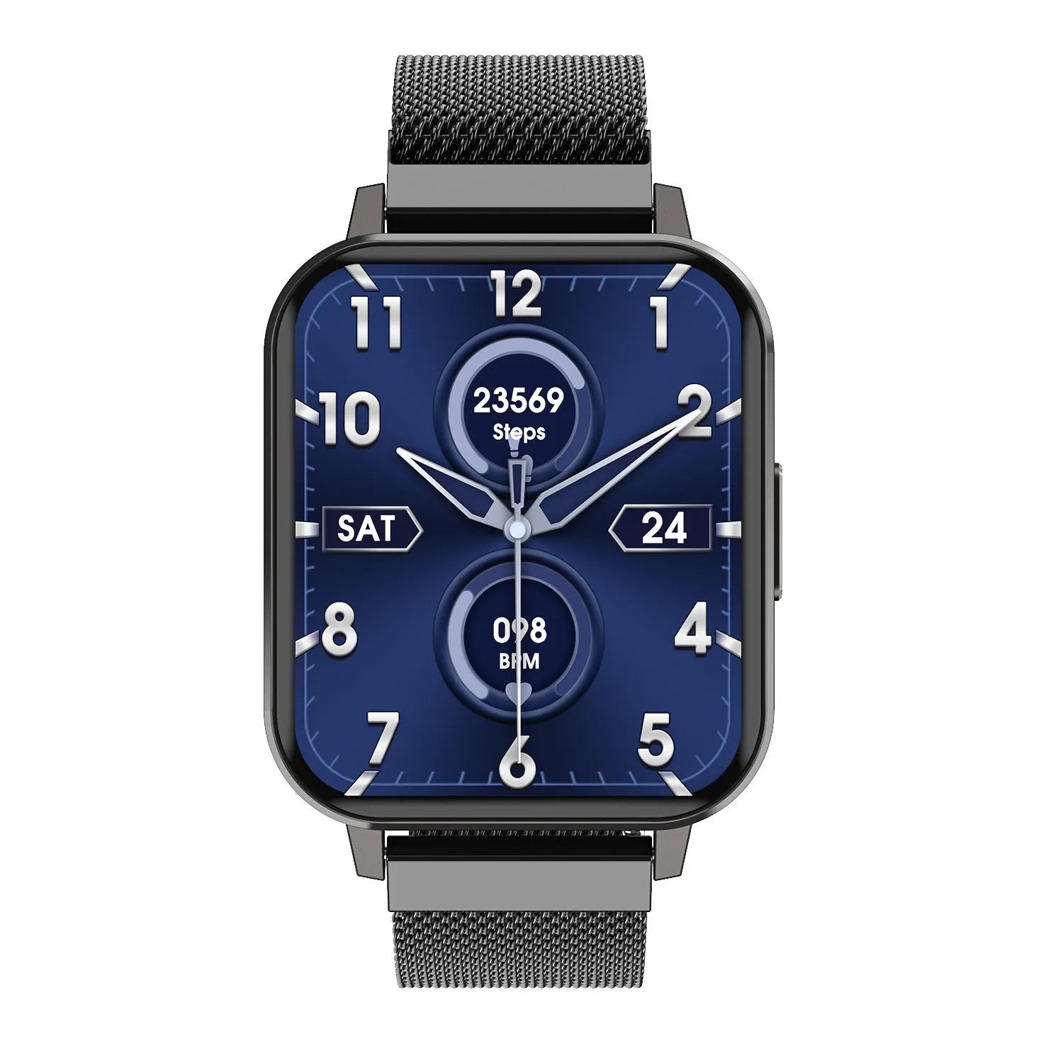 DTX Smart Watch with 1.78 inch screen showing health metrics, available with black or silver silicone or steel wristband.