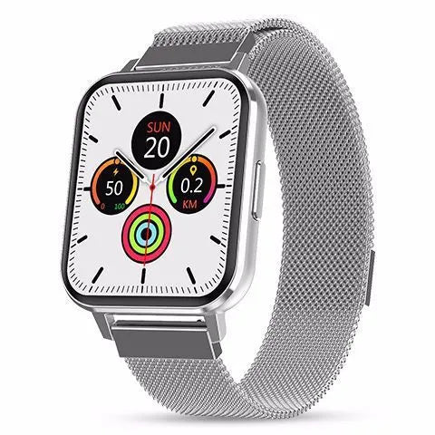 DTX Smart Watch with 1.78 inch screen showing health metrics, available with black or silver silicone or steel wristband.
