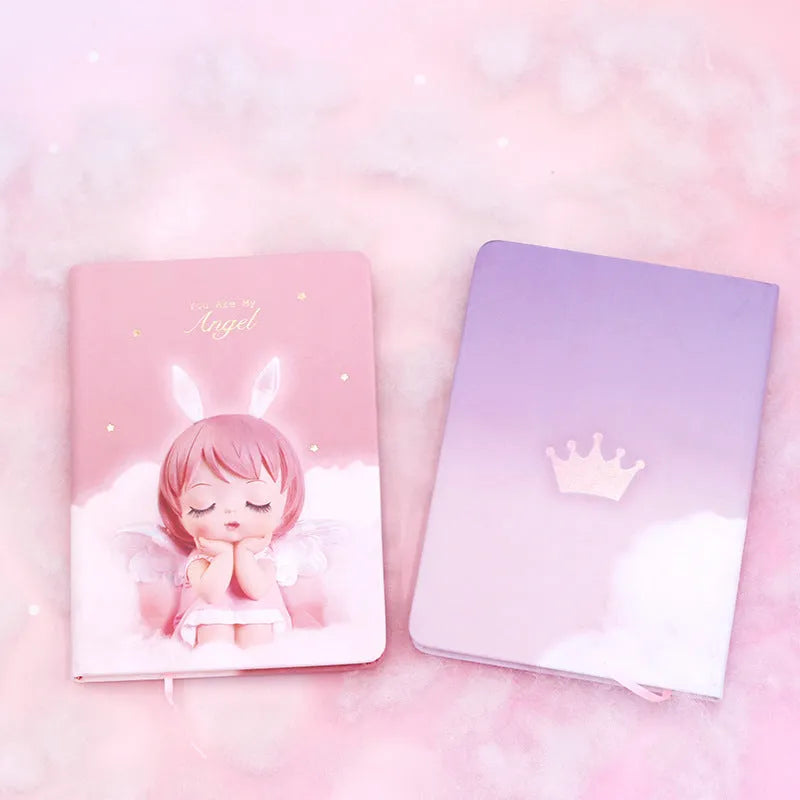 Pink and purple PU leather creative flower fairy handbook notepad showing size and closed cover