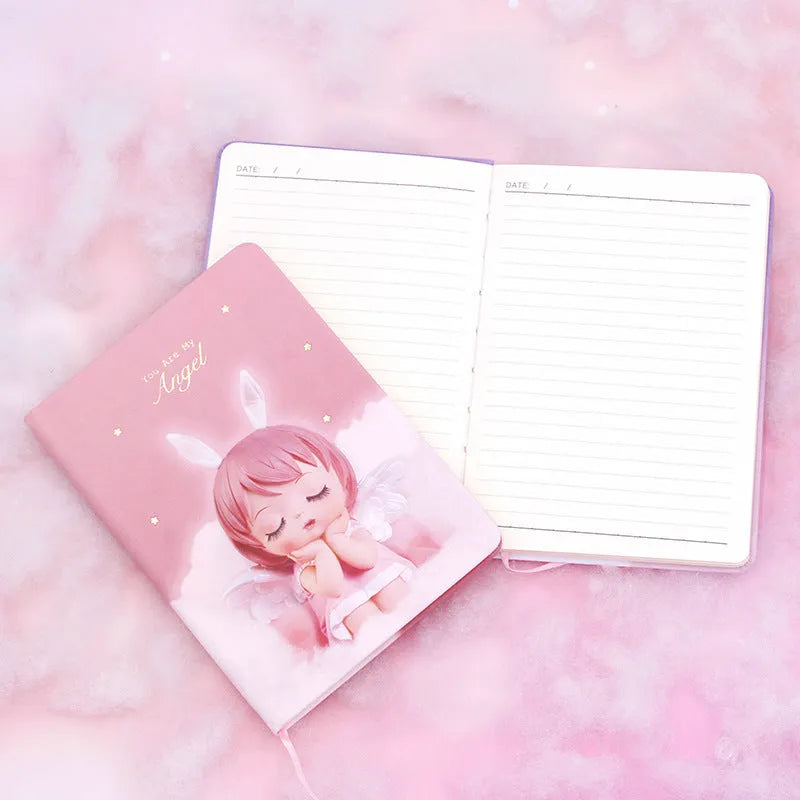 Pink and purple PU leather creative flower fairy handbook notepad showing size and closed cover