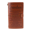 Brown leather strap-bound notebook with warm brown acid-free paper pages, shown closed.