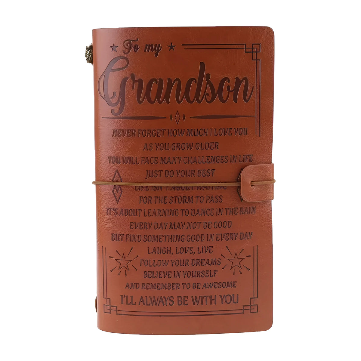 Brown leather strap-bound notebook with warm brown acid-free paper pages, shown closed.