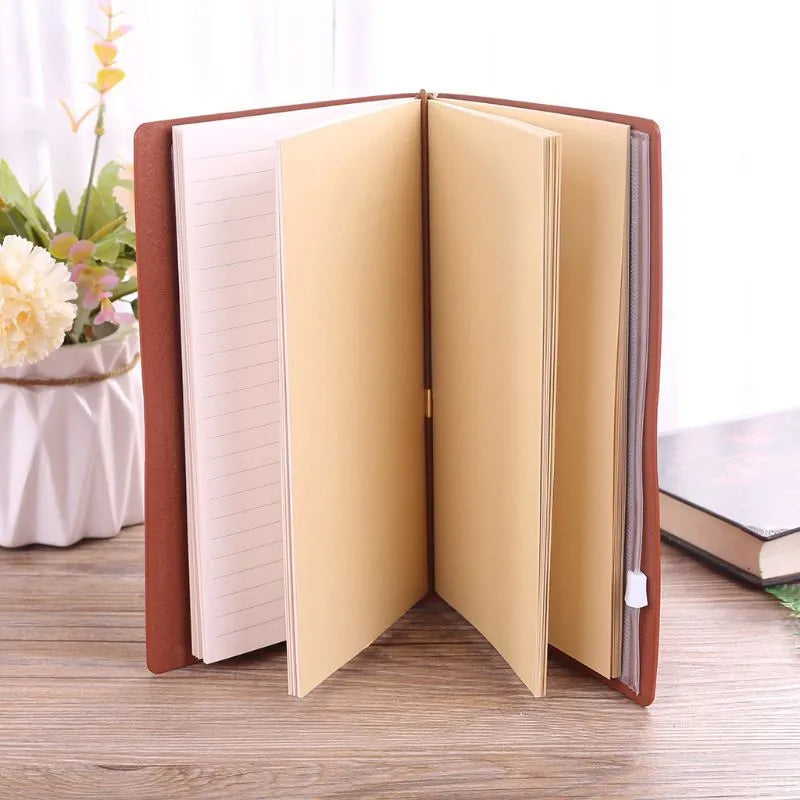Brown leather strap-bound notebook with warm brown acid-free paper pages, shown closed.