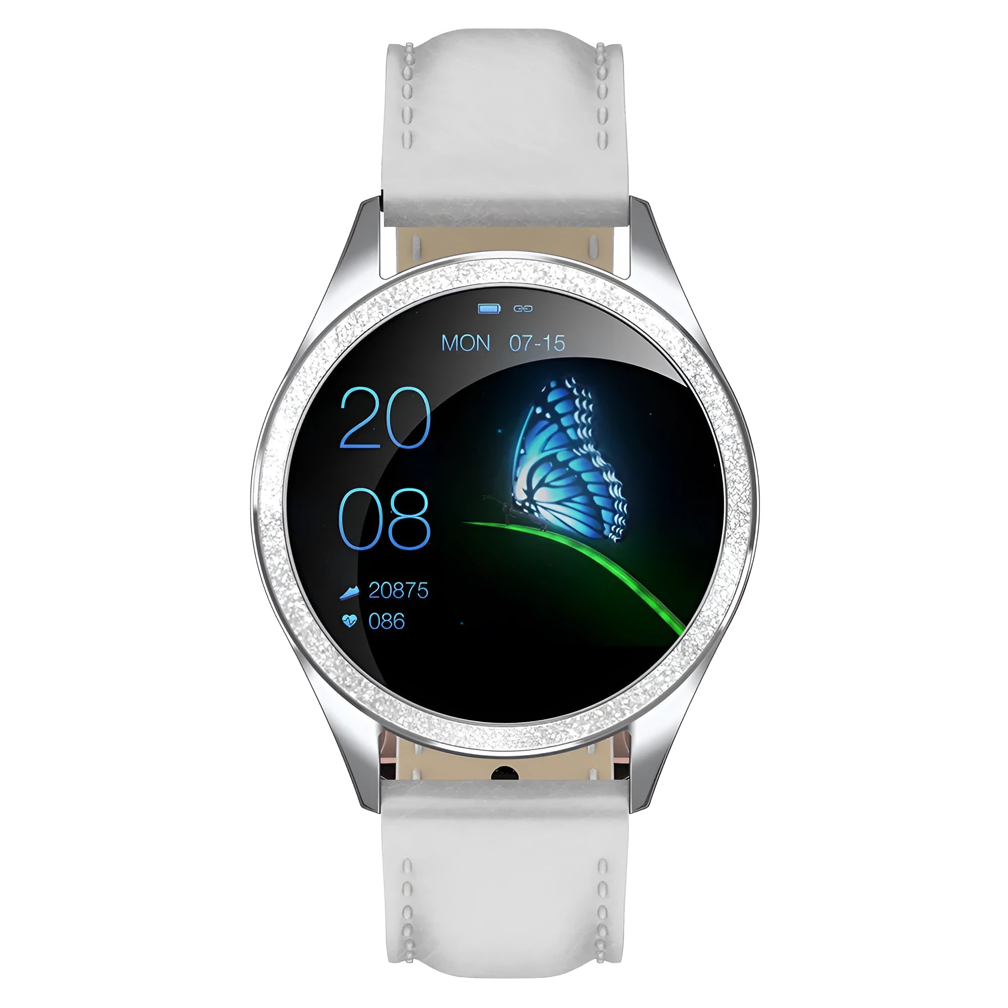 Silver women's smartwatch with stainless steel band and a square touchscreen display