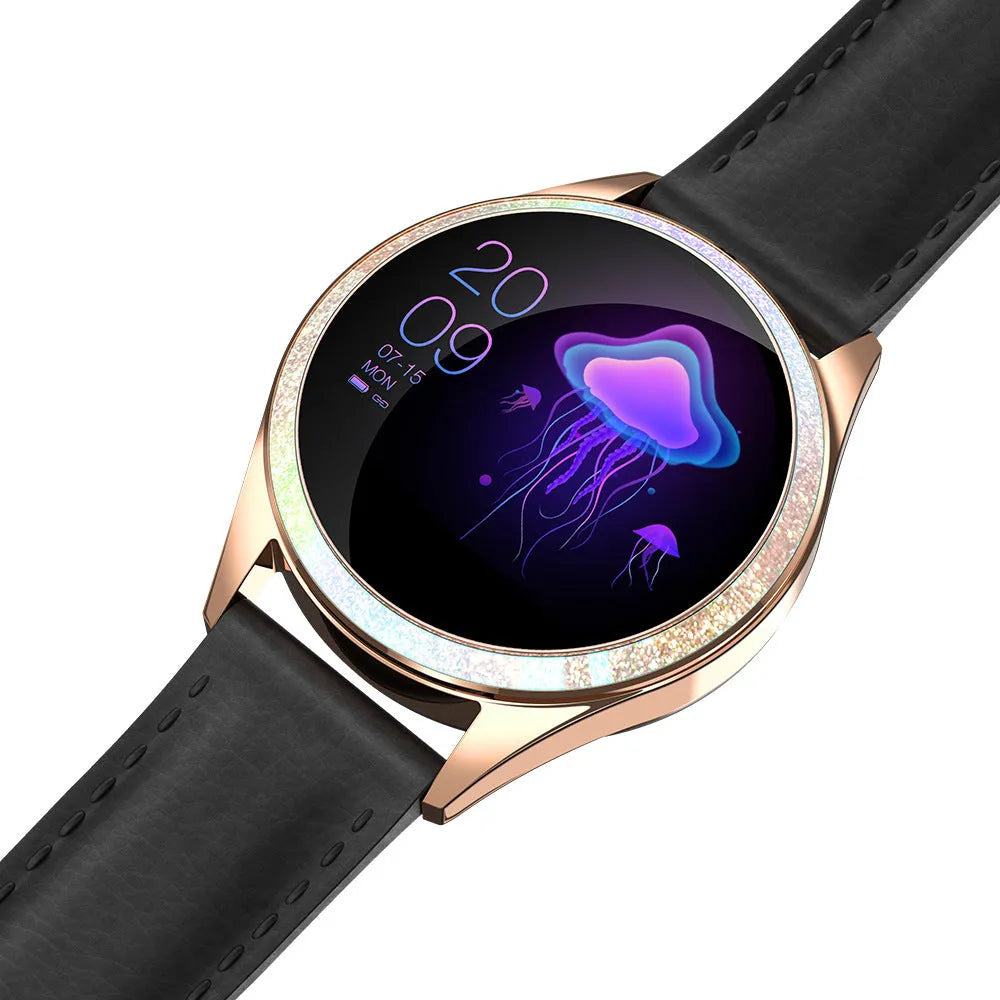 Silver women's smartwatch with stainless steel band and a square touchscreen display