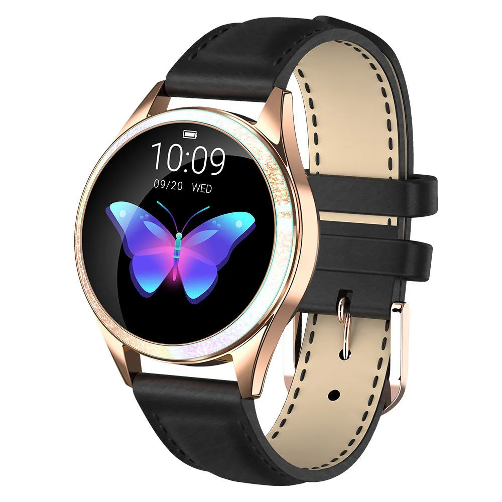 Silver women's smartwatch with stainless steel band and a square touchscreen display