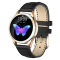 Silver women's smartwatch with stainless steel band and a square touchscreen display