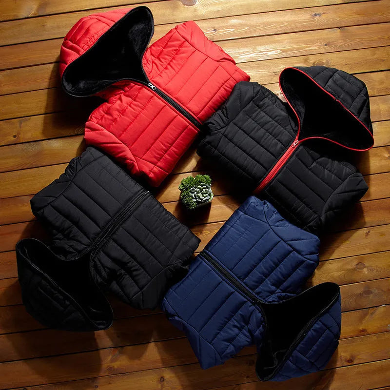Men's winter short padded jacket plus velvet slim fit zip front, red black dark blue, sizes M-4XL