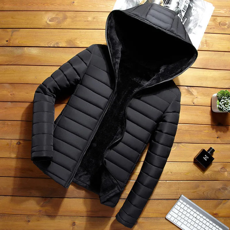 Men's winter short padded jacket plus velvet slim fit zip front, red black dark blue, sizes M-4XL