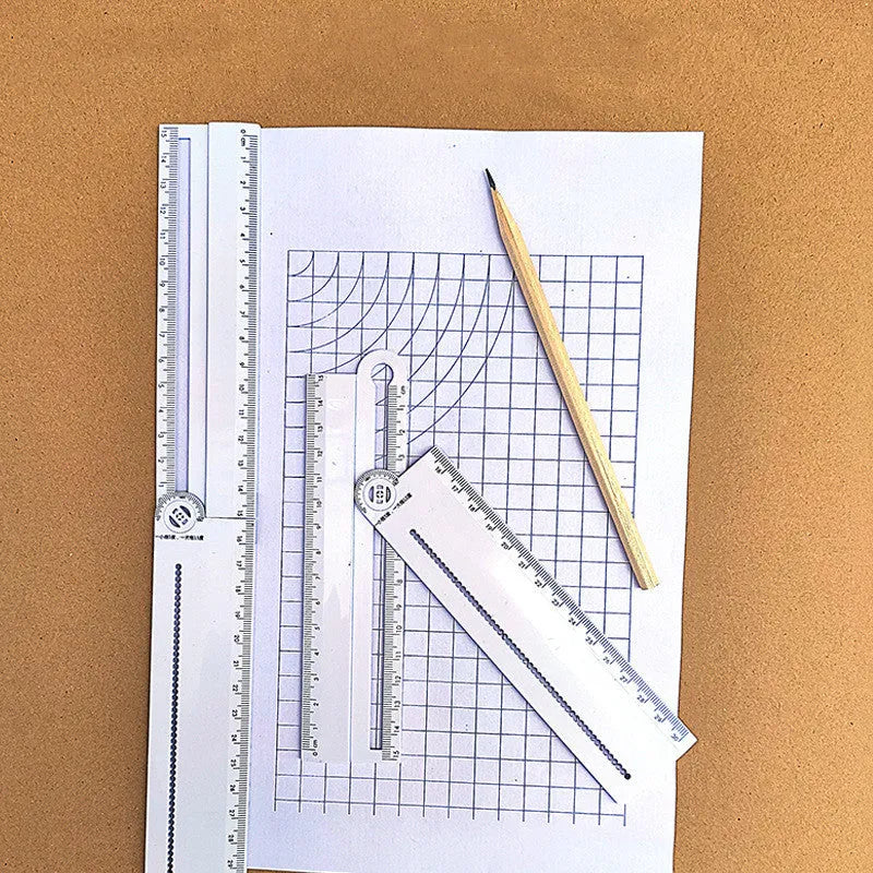 White 30cm plastic multi-function ruler with straight edge and angle measurement scales.