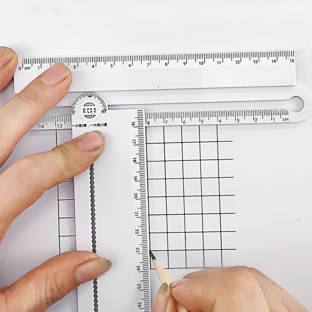 White 30cm plastic multi-function ruler with straight edge and angle measurement scales.