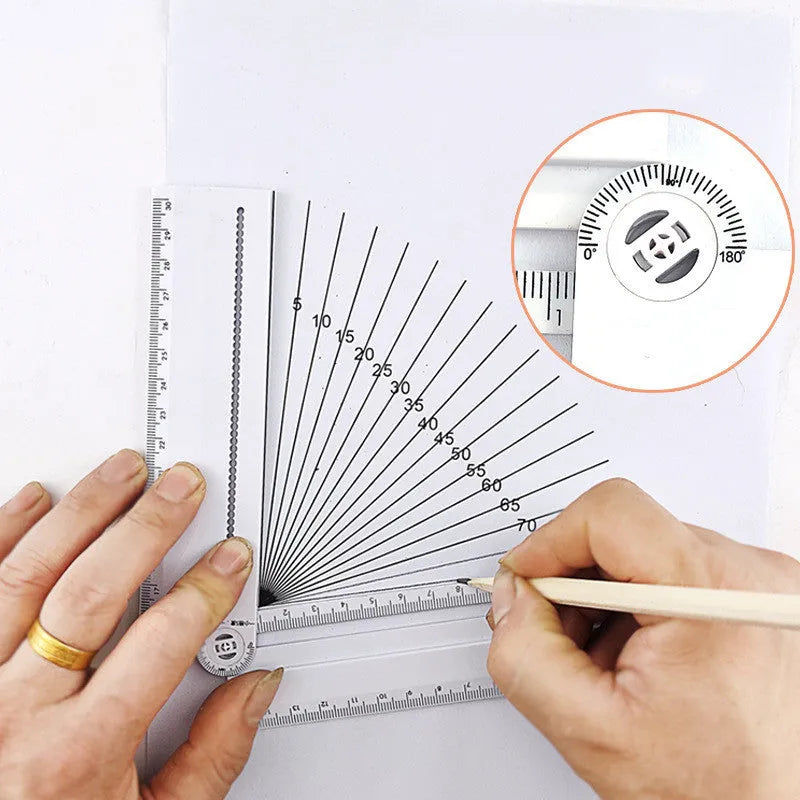 White 30cm plastic multi-function ruler with straight edge and angle measurement scales.
