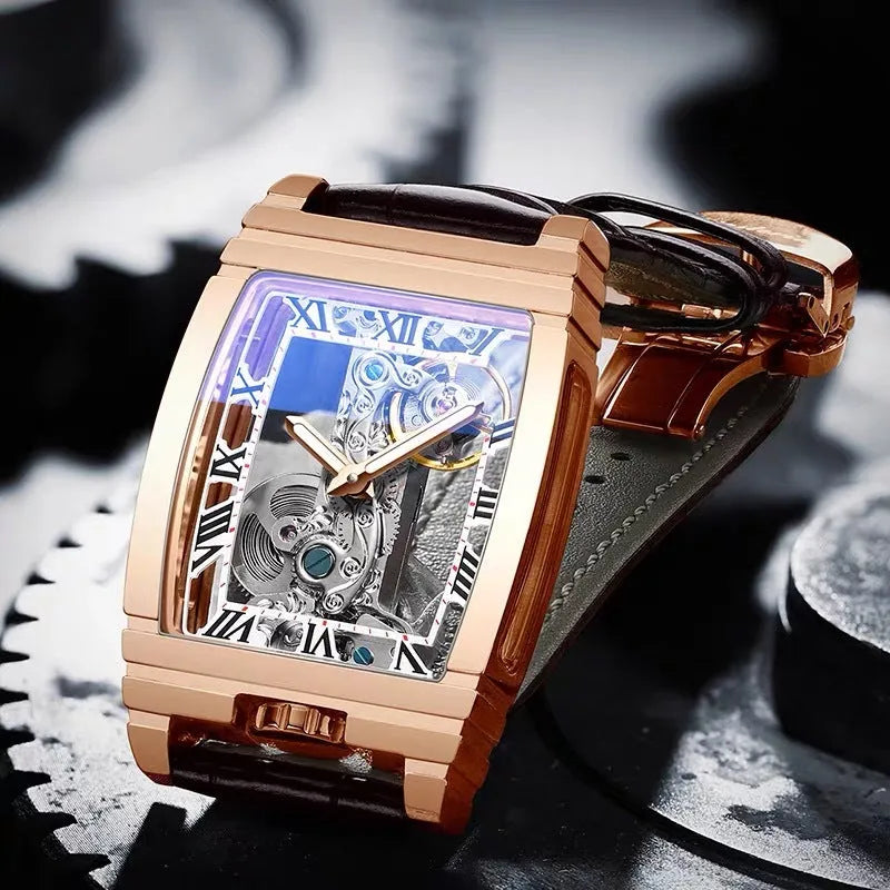 Daystar square stainless steel manual mechanical watch with leather strap on wrist