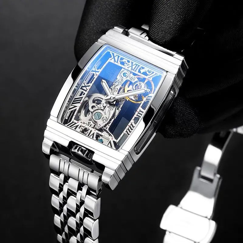Daystar square stainless steel manual mechanical watch with leather strap on wrist