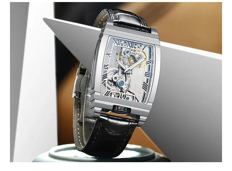 Daystar square stainless steel manual mechanical watch with leather strap on wrist