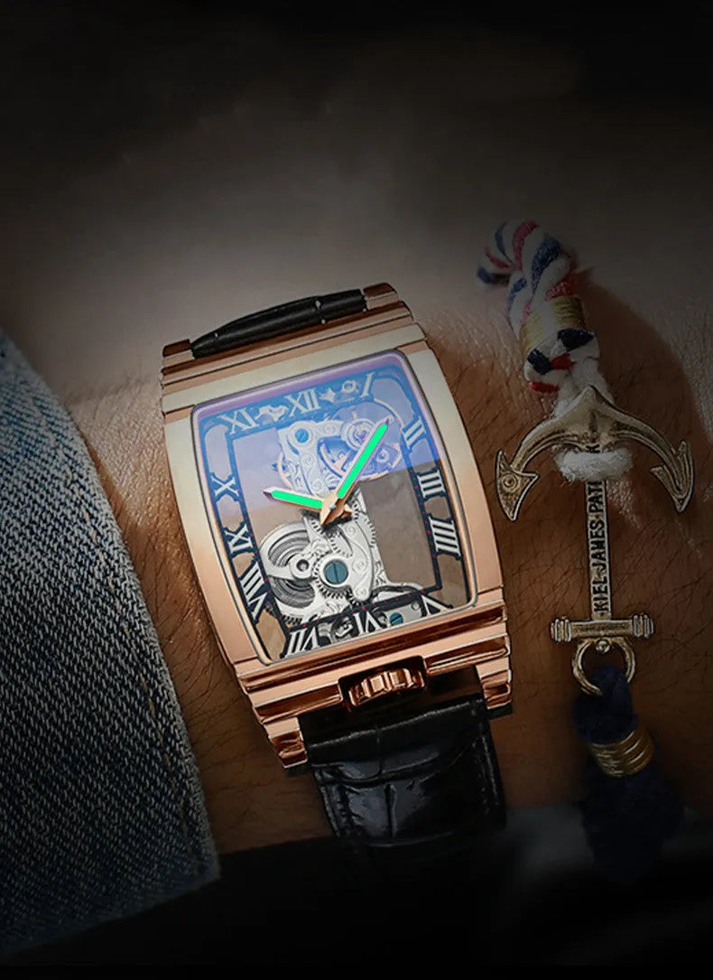 Daystar square stainless steel manual mechanical watch with leather strap on wrist