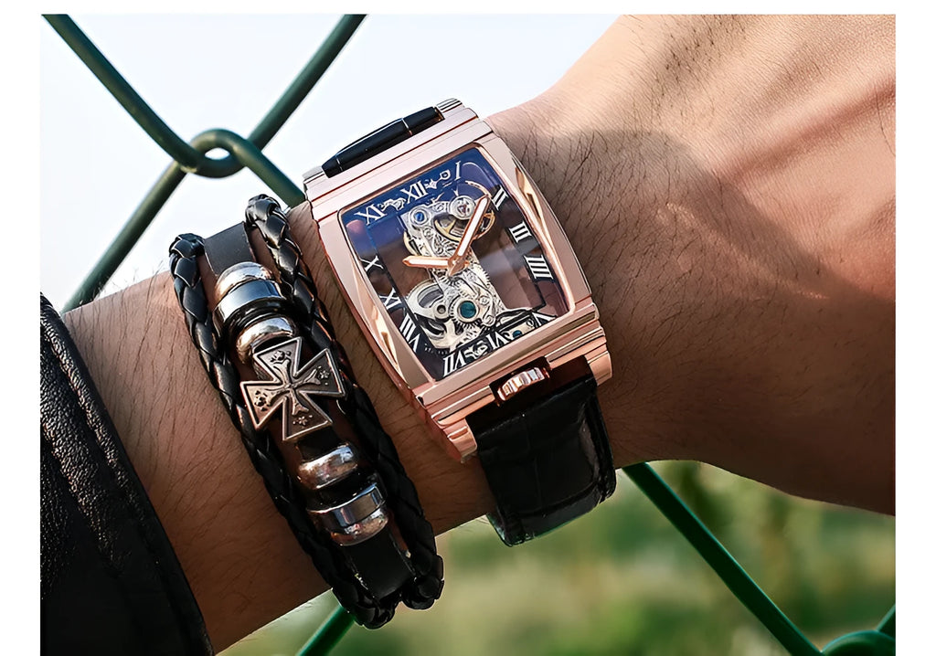 Daystar square stainless steel manual mechanical watch with leather strap on wrist