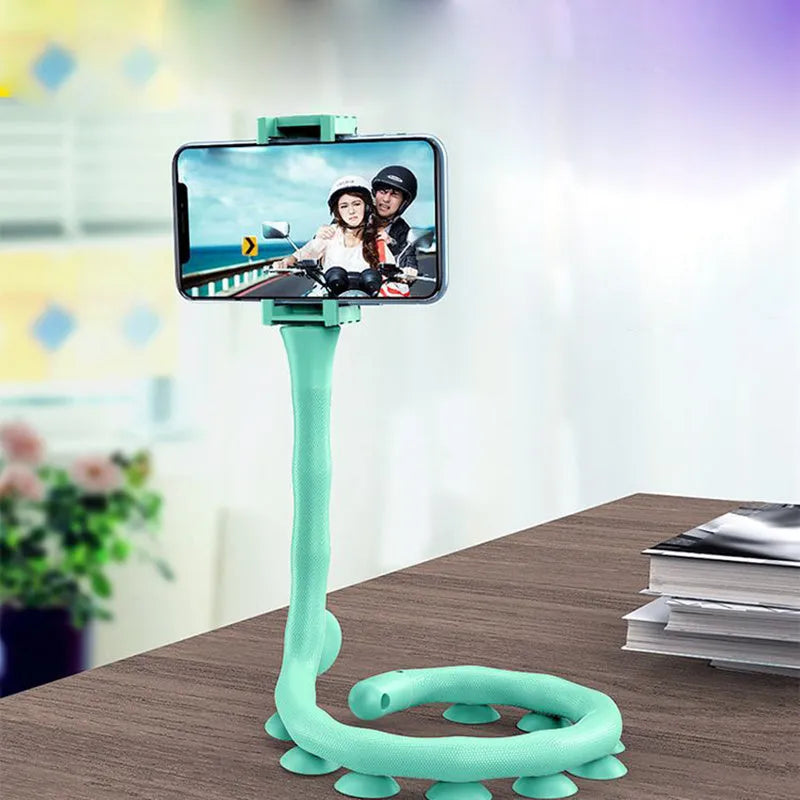 Black flexible phone holder with 62cm gooseneck arm and silicone bracket on a desktop