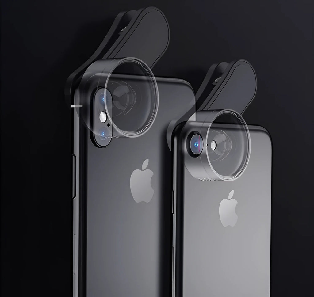 Universal smartphone clip with attached fill light and selection of wide angle, macro, and fish eye camera lenses.
