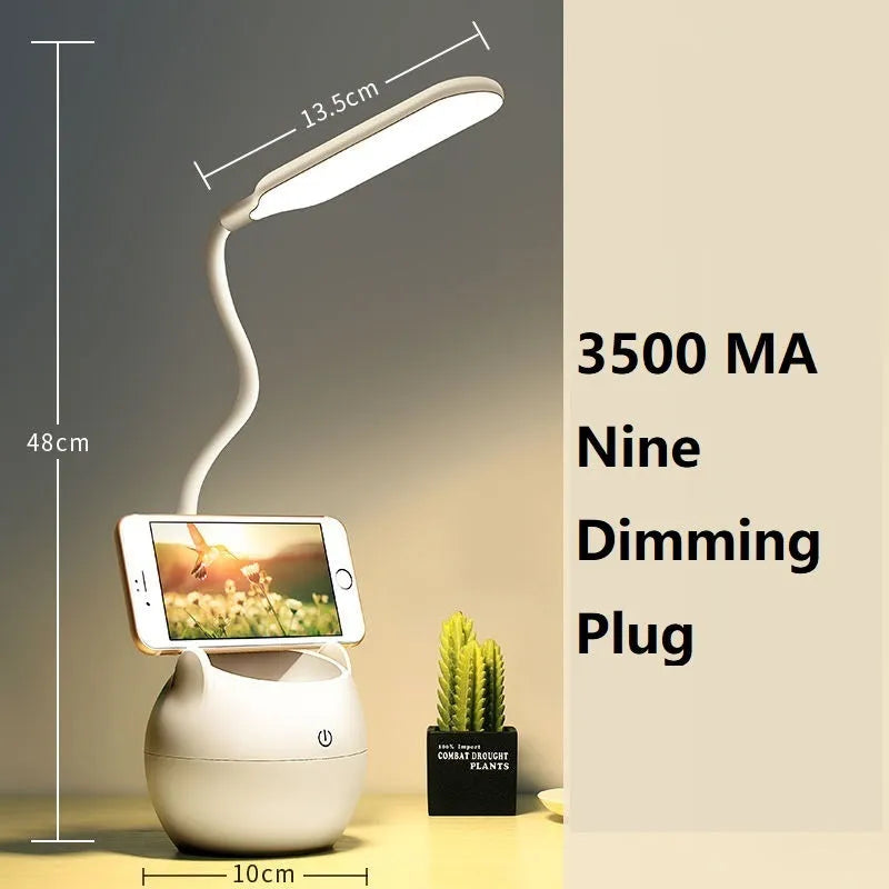 Rechargeable LED clip desk lamp with flexible gooseneck and pen holder on desk edge