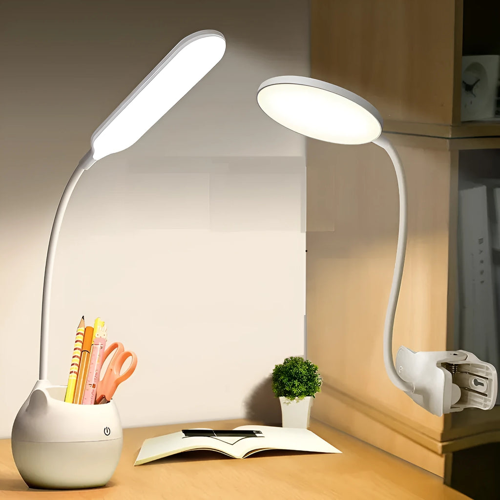Rechargeable LED clip desk lamp with flexible gooseneck and pen holder on desk edge