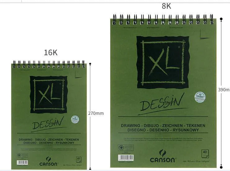 Spiral-bound green paper sketchbook open flat, showing 8K and 16K size options.