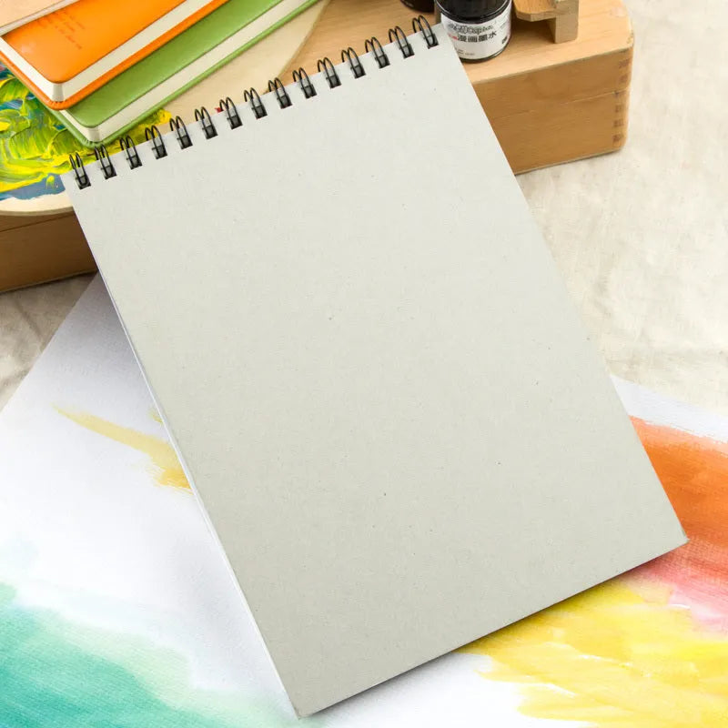 Spiral-bound green paper sketchbook open flat, showing 8K and 16K size options.