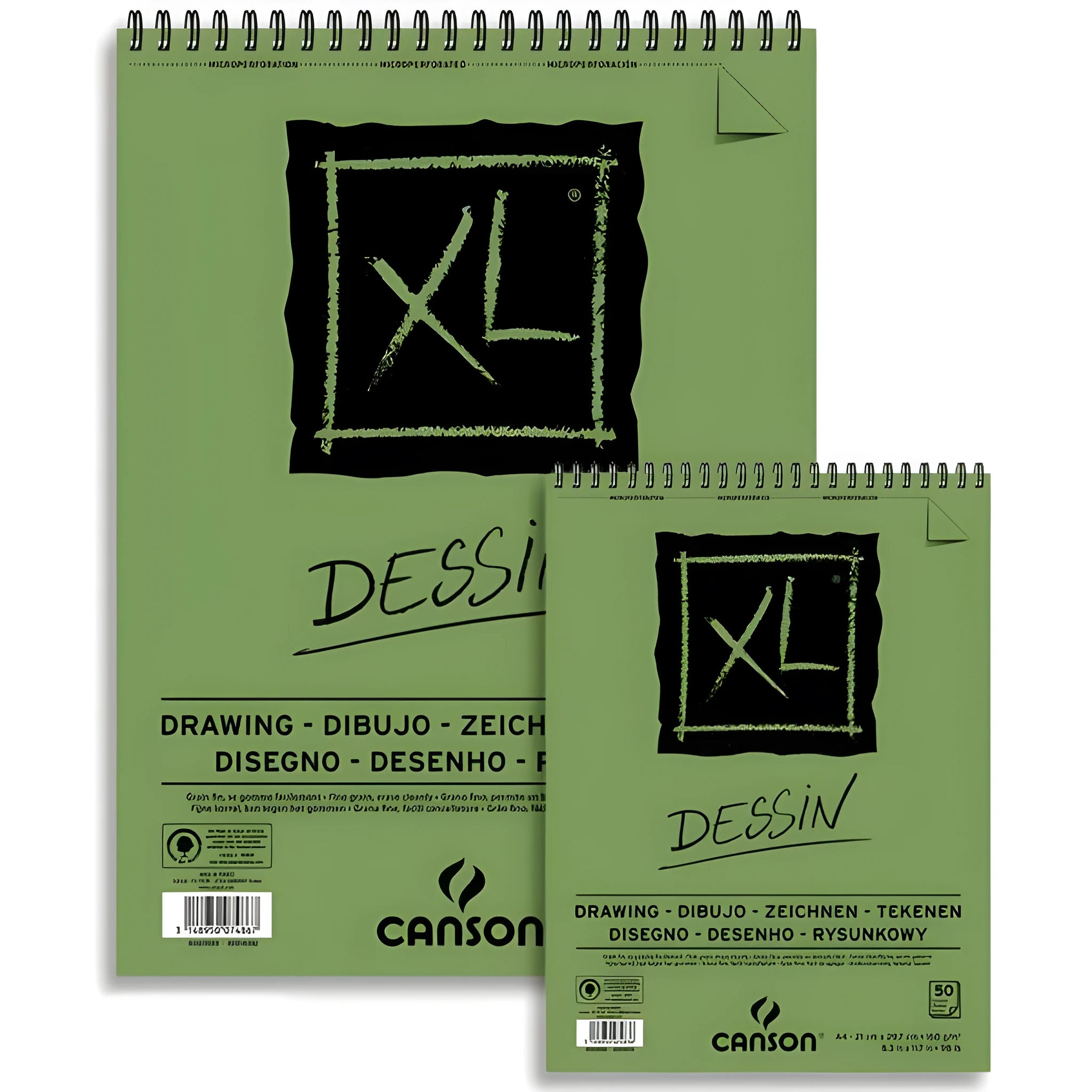 Spiral-bound green paper sketchbook open flat, showing 8K and 16K size options.