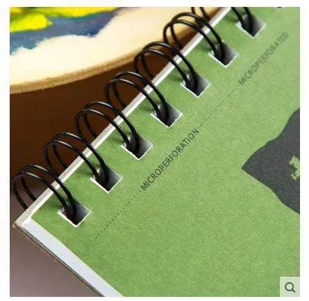 Spiral-bound green paper sketchbook open flat, showing 8K and 16K size options.